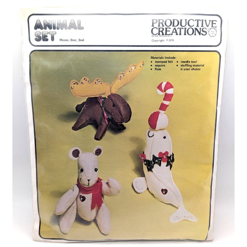 PRODUCTIVE CREATIONS Animal Set Felt Sewing Kit Moose Bear Seal 1979 Craft NOS
